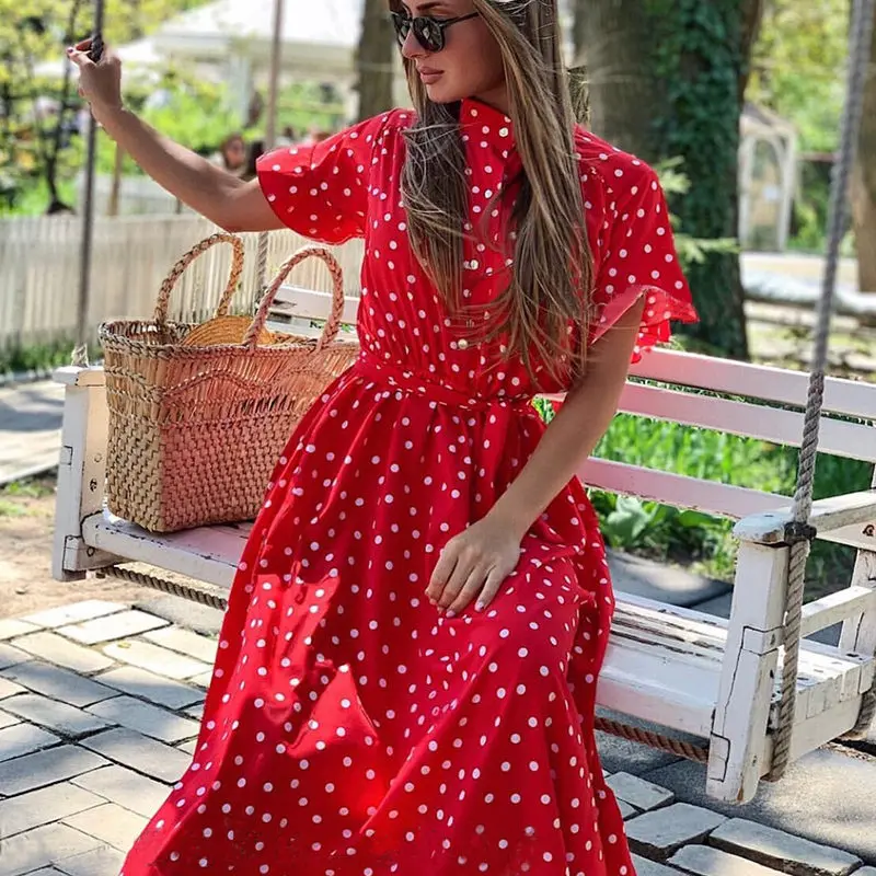 Для женщин Винтаж в горошек с оборками вечерние платье с рукавом-бабочкой с круглым вырезом трапециевидной формы Повседневное длинное платье новые летние модные платья - Цвет: Красный