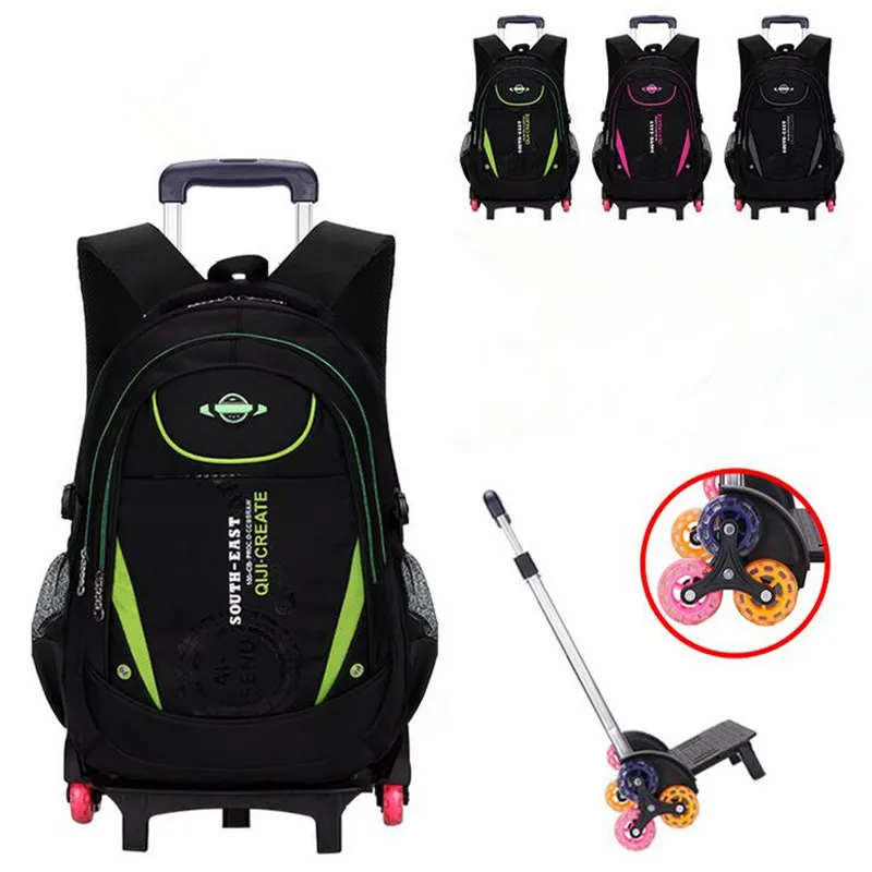 3PCS Wheels Removable Kids Children School Trolley Backpack Bag Boys Rucksack