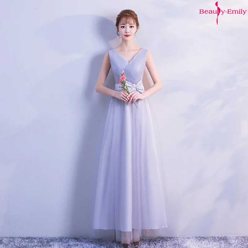 

Beauty Emily V Neck Tulle Bridesmaid Dresses Long Sleeveless Bow Party Dress Open Lace Up Back Pleated Vestido de dama de honor