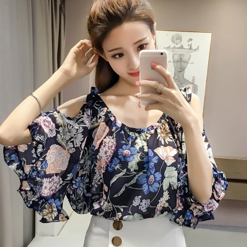 

fashion women blouses 2019 new print chiffon blouse shirt female sexy off shoulder top flare sleeve women shirts summer tops B08