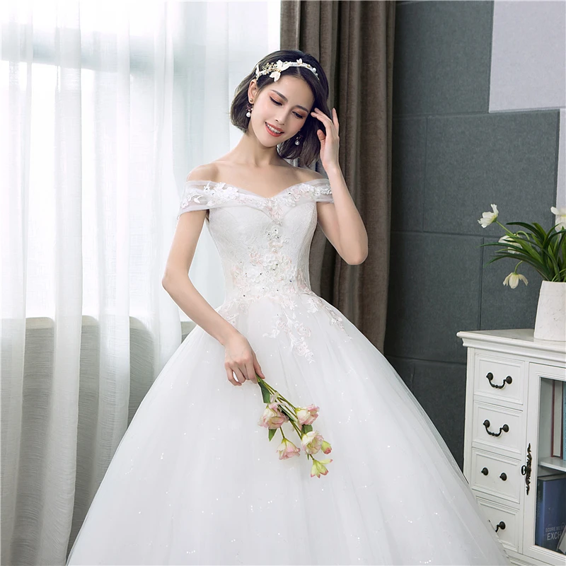 Boat neck Lace Wedding Dress New Fashion Pink Floral Print Princess Dream Bride off the shoulder Korean vestido de noiva C