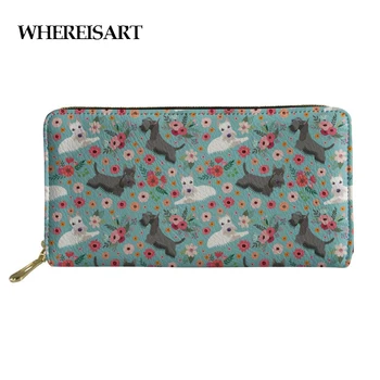 

WHEREISART Scottish Terrier Flower Pattern Women Wallets Leather Long Style Clutch Large Capacity Purses Portefeuille Femme