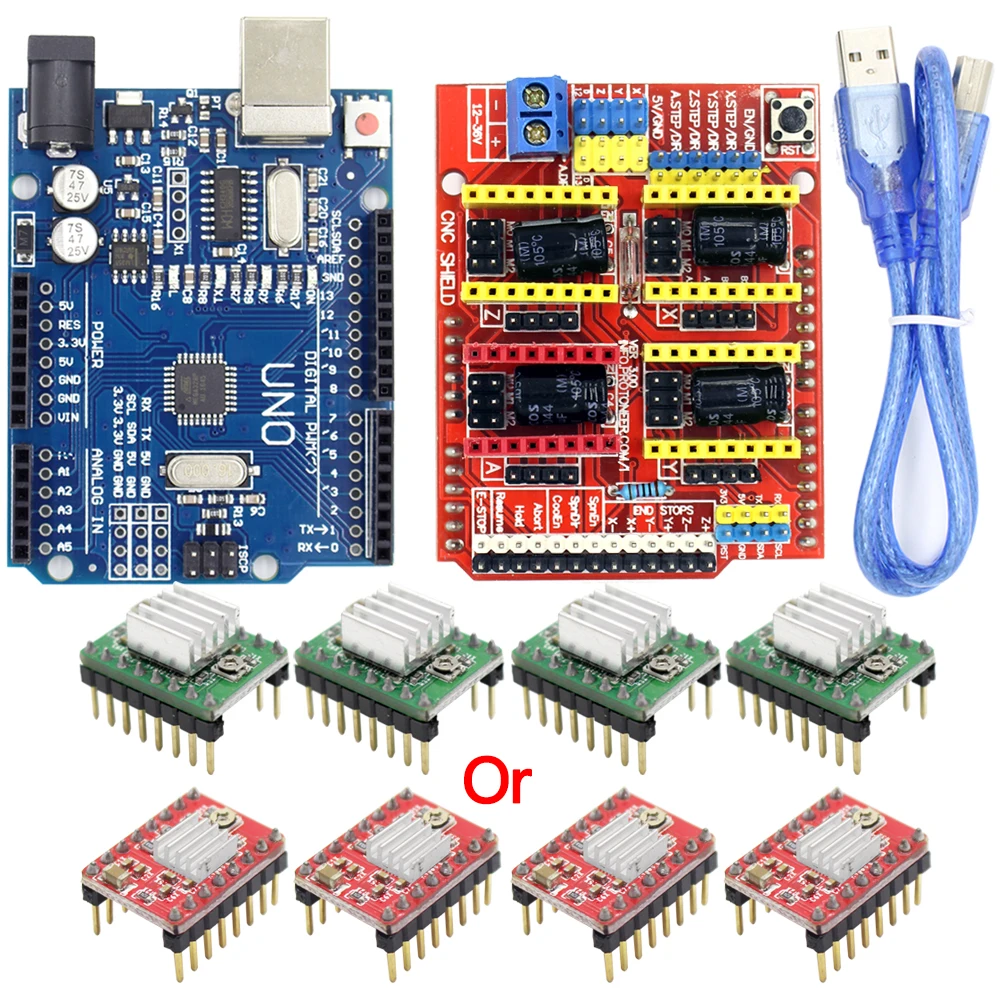 

CNC Shield Expansion Board V3.0+UNO R3 Board with usb for Arduino+4pcs Stepper Motor Driver A4988 Kits for Arduino