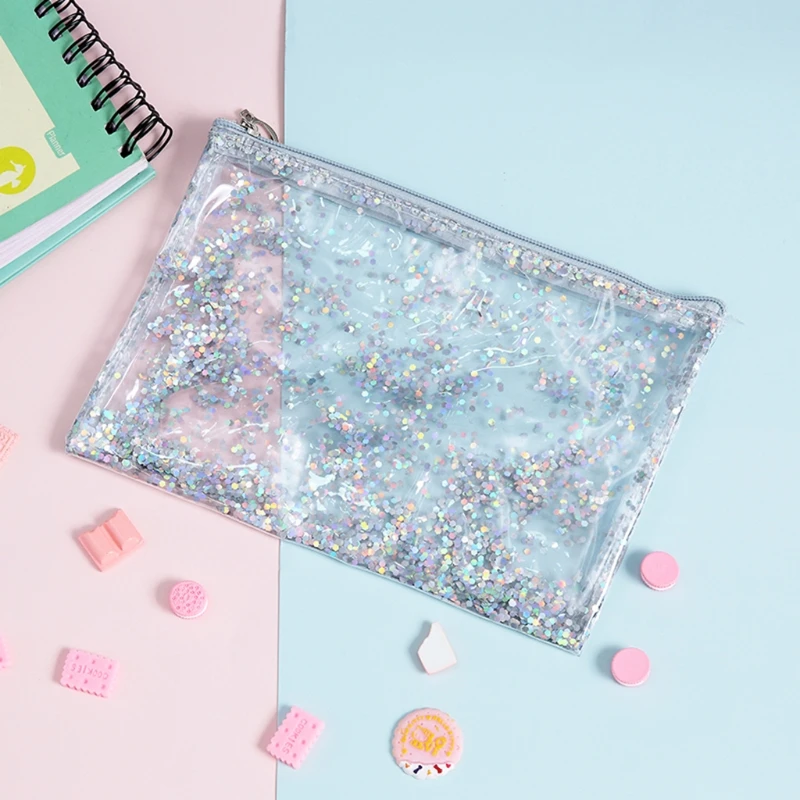 

THINKTHENDO Sequins PVC Transparent Makeup Zipper Pouch Pencil Case Cosmetic Bag Clear Toiletry Wash Bags Pouch
