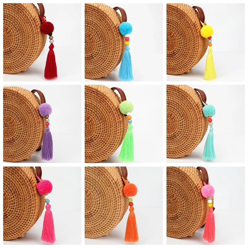 Colorful Tassel PomPom Charm HandBag Pendant DIY Keychain Key Ring New