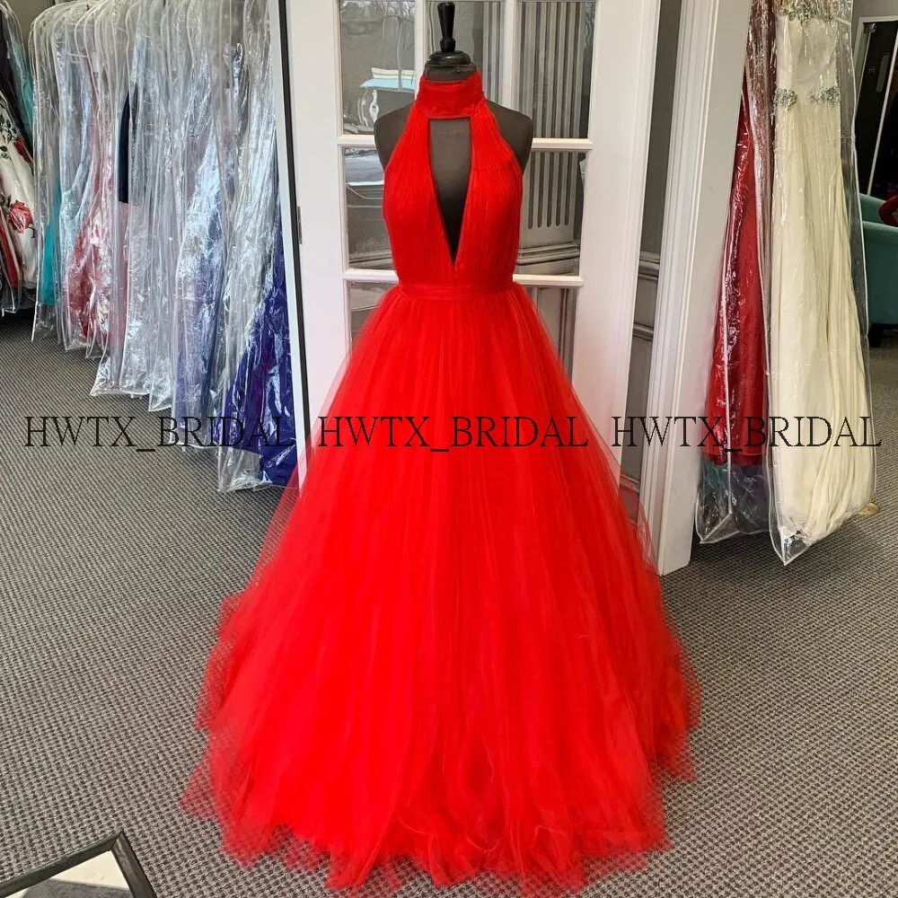

Red Long Prom Dresses Halter Cut-out Front Elegant A-Line Backless Tulle Prom Dress Women Formal Party Gowns 2020 Customize