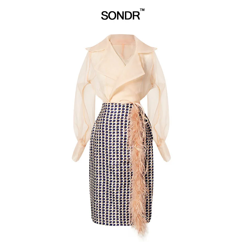 

SONDR 2019 Women Skirt Suits Chiffon Lantern Sleeve Lace Up Shirt With Geometric Feather Patchwork Midi Skirts Elegant Clothes