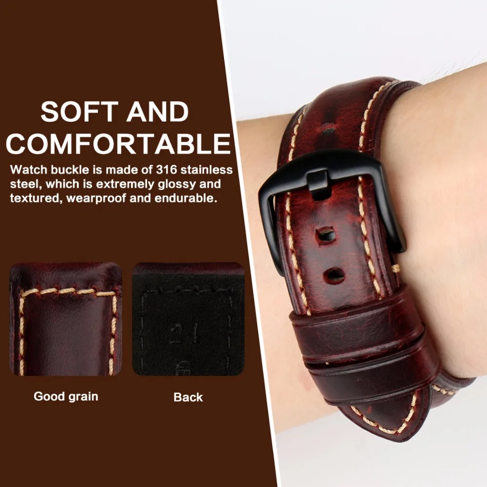 Buy MAIKES Watch accessories fashion red watchband 20mm 22mm 24mm 26mm leather watch strap black buckle watch band for Panerai