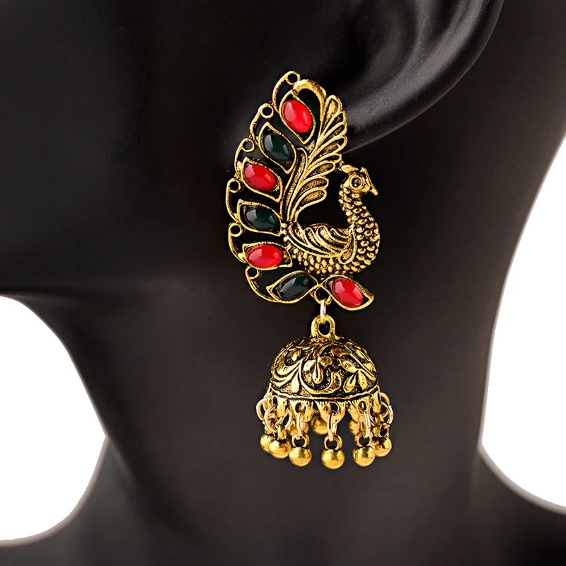 Женские винтажные серьги подвески Jhumka Jhumki в виде этнического павлина с черными