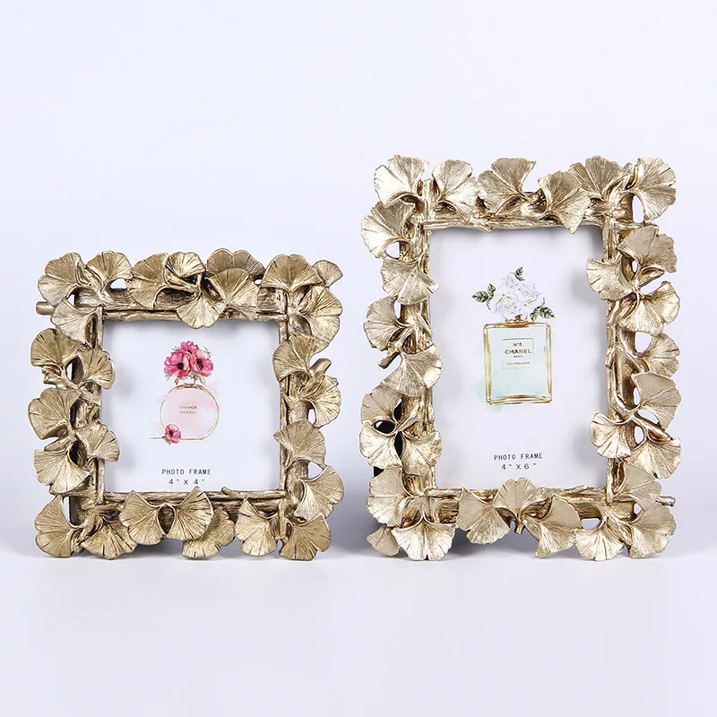 

1pc Vintage Golden Ginkgo Leaf Resin Photo Frame Home Retro Decor Crafts Wedding Gift 4/6 Inch