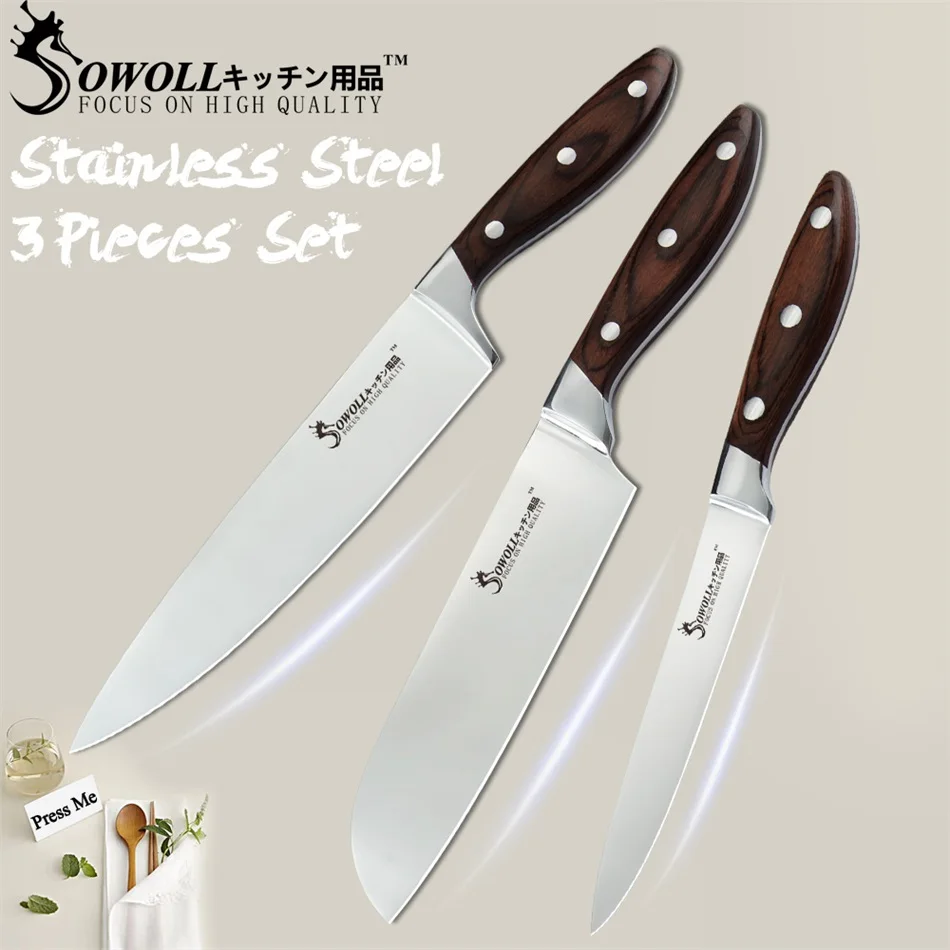 SOWOLL Stainless Steel Knife Kitchen Chef's Knife High Carbon Gyutou Nakiri Santoku Utility Knives Triple-Riveted Handle Tools