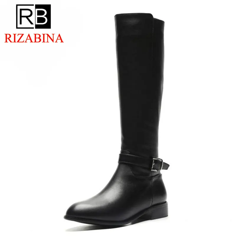 

RIZABINA Women Knee High Boots Genuine Leather Winter Plush Fur Flats Boots Fashion Zipper Buckle Warm Shoes Women Size 34-42