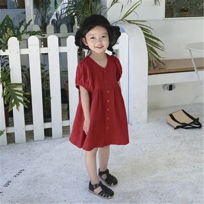 Girls Simple and Elegant Dress Summer new Princess Dress kids shorts sleeve solid color dress - Цвет: see chart
