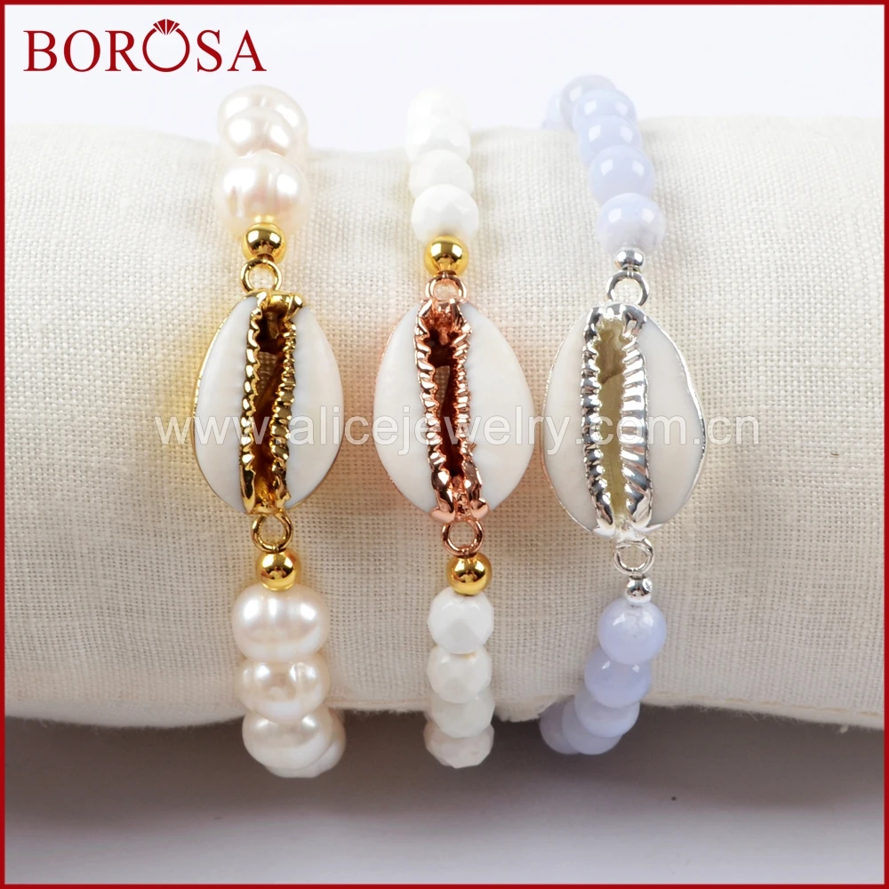 

BOROSA 5PCS Cowrie Shell With Freshwater Pearl Beads Howlite Blue Chalcedony Beads Bracelet Gems Bangles Jewelry for Women G1552