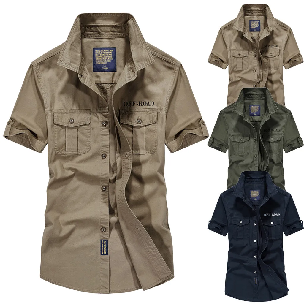 

Men shirt Casual Slim Fit Embroidery Military Pure Color Pocket Short Sleeve shirts mens dress shirts camisas masculina c0603