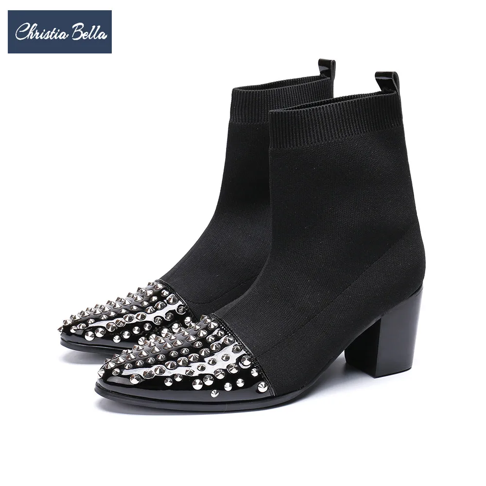 Moda La Zapatos Vestido Hombres De Christia Botas Alto Altura Puntiagudo Aumento Negro Invierno Los Calcetines Remaches Tacón Bella Hombre Del Tobillo Pie Dedo vwaAqZCa