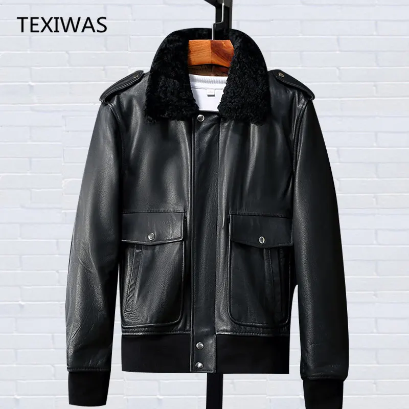 

TEXIWAS Winter 100% Cowhide Sheepskin Genuine Leather jacket men fur collar Thicken Outerwear top Warm pilot bomber jacket Coat