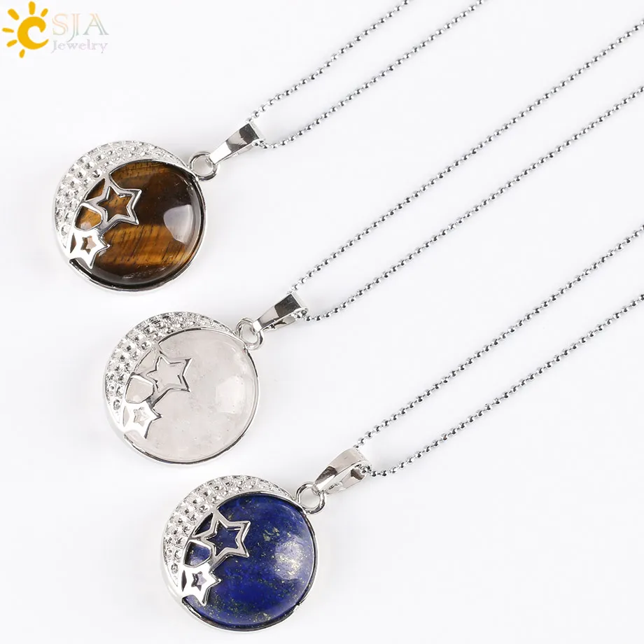 CSJA Reiki Chakra Yoga Semi Precious Natural Stone Pendant Rose Crystal Necklace Female Jewelry Love Moon Stars Back Hollow E175 - Image 3