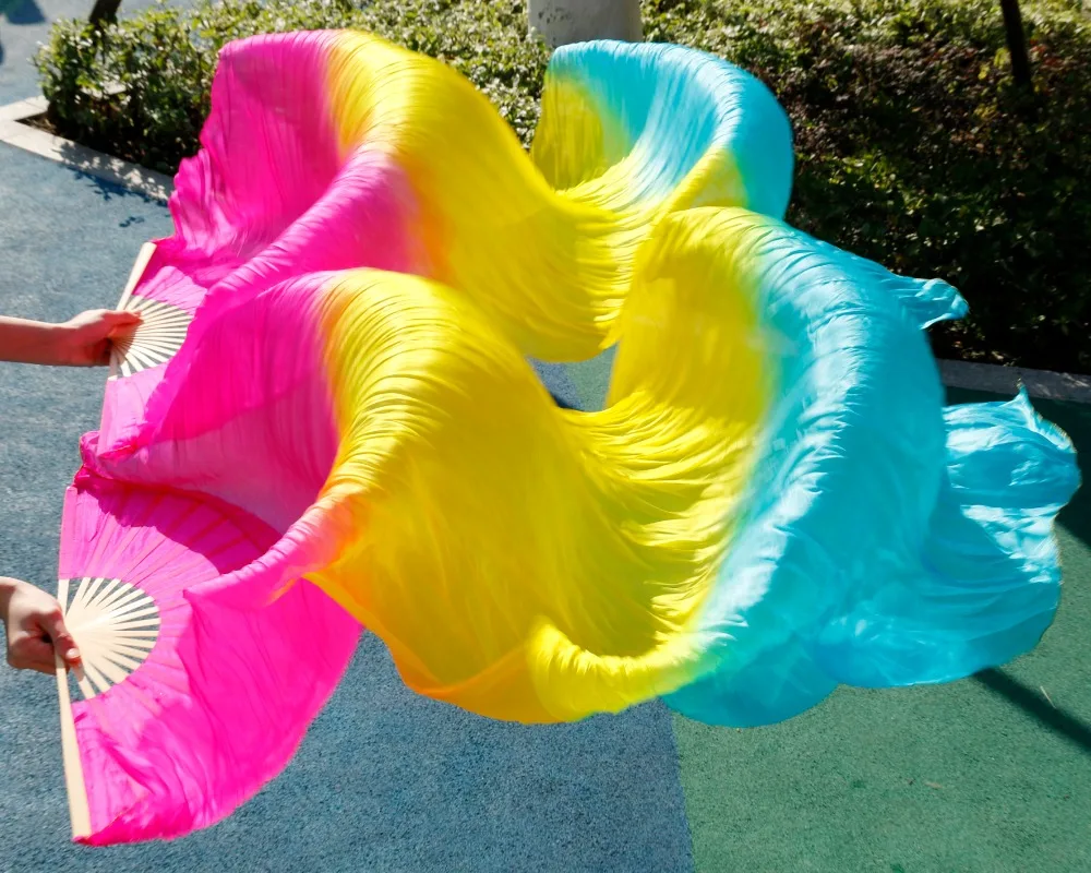 2018 female high quality Chinese silk veils dance fans Pair of belly dancing fans cheap hot sale rose+yellow+turquoise
