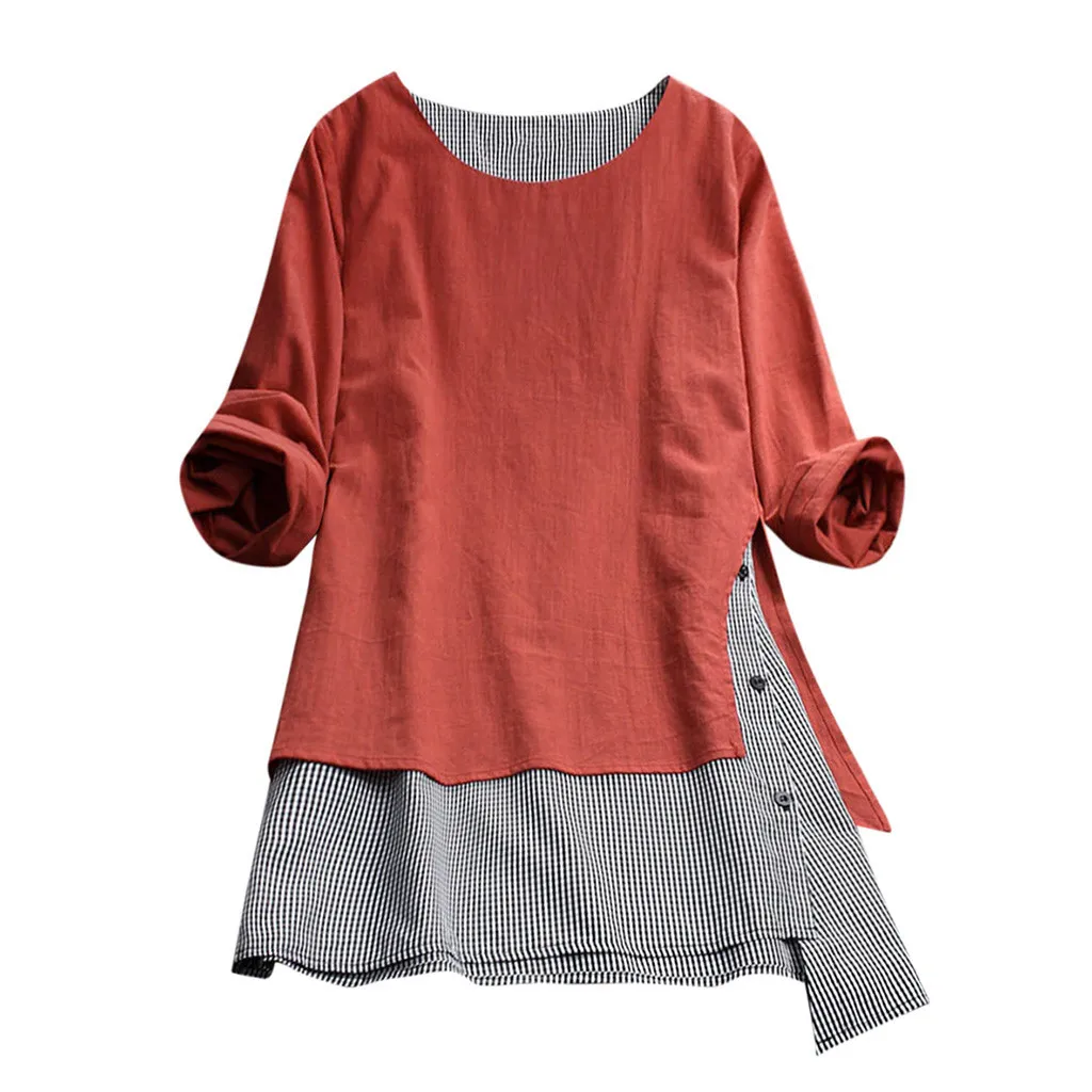 Женские топы и блузки размера плюс 5XL, винтажные Лоскутные женские топы на пуговицах, женская блуза с длинным рукавом, женская одежда - Цвет: Оранжевый