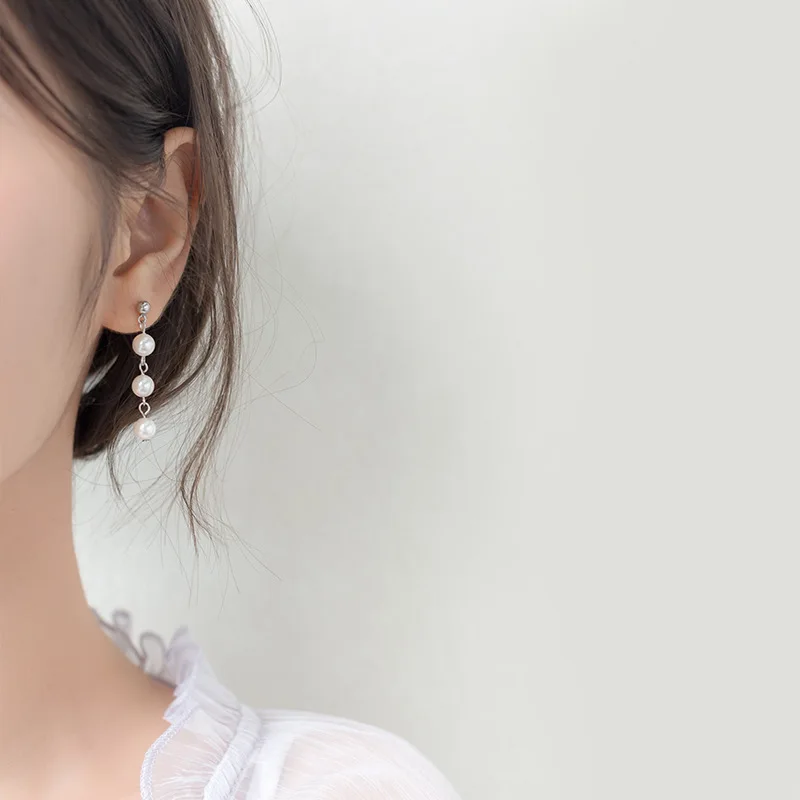 LBSL Real Sterlings Women 925 Silver Earring Tassel Silver Korean Trend Simulated Pearl Earrings 925 Silver Long Drop Earrings (5)