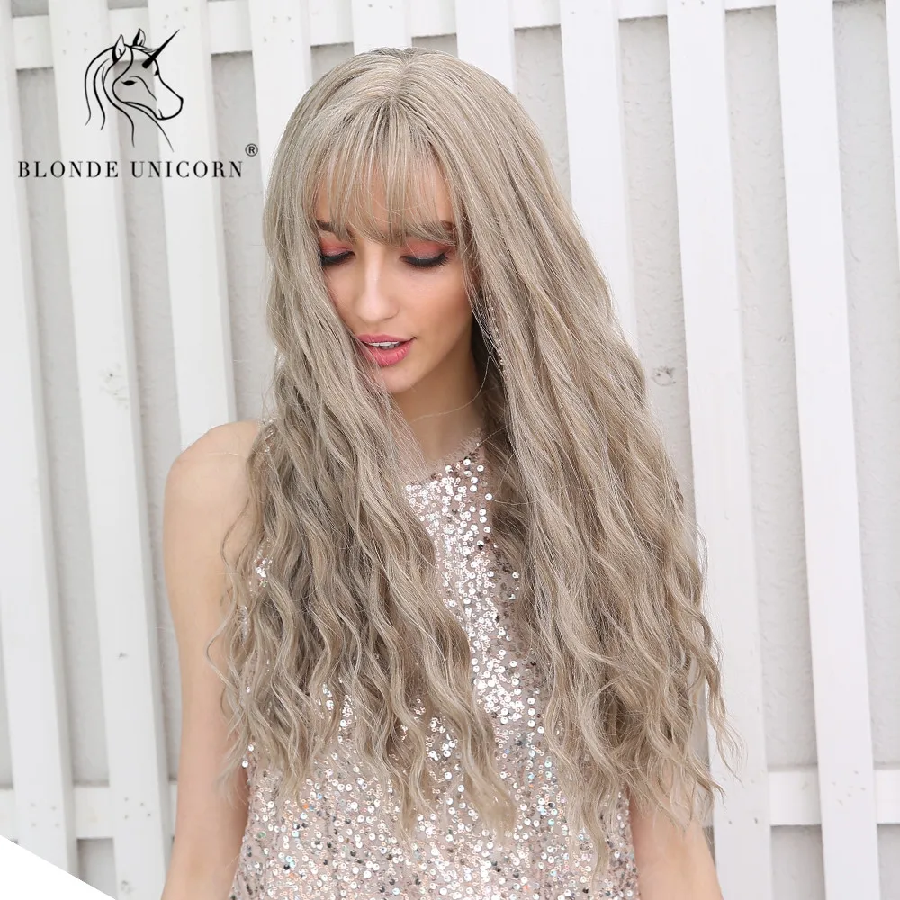 

Blonde Unicorn 22 Inch Synthetic Long Wave Women Bangs Wig Light Brown Ombre Purple 3 Colors Cosplay Wigs with Free Gift