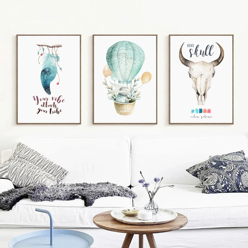 

Nordic Watercolor Hot Air Balloon Feather Animal Canvas Painting Abstract Poster Print Picture Bedroom Home Wall Art Decoration