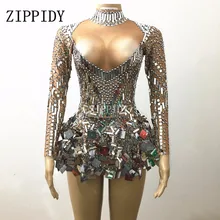 Shining Silver Mirrors Stone Dress Female Singer Dancer Bright Bodysuit Costume One-piece Nightclub Dress Oufit Party Dresses silver sequins sparkling mirrors dress sexy nightclub bar dj ds costumes female singer leading party performance one piece dress