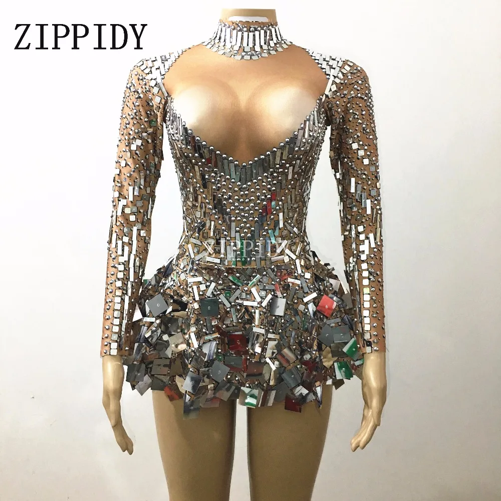 シルバーミラー石ドレス女性歌手ダンサー衣装ワンピースナイトクラブドレスoufitパーティードレス Female Singer Female Singer Dresssinger Dress Aliexpress