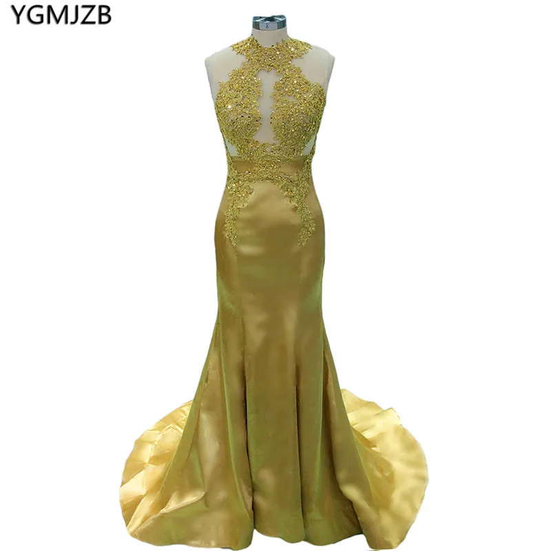 

Robe De Soiree 2018 Backless Mermaid Evening Dresses Long Beaded See Through Lace Satin Sexy Gold Women Formal Prom Party Dress