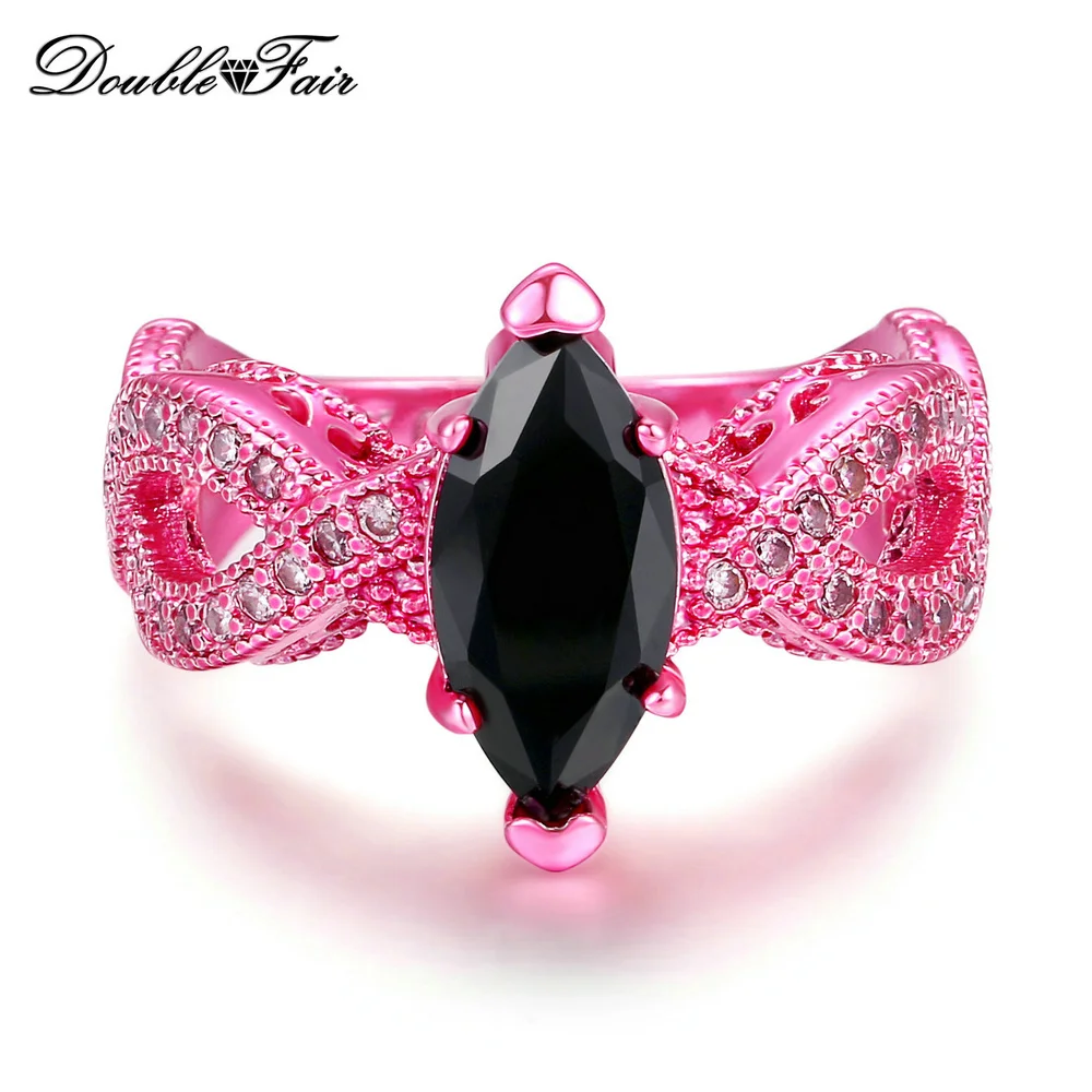 Роскошные кольца с двойными камнями в форме маркизы, черного цвета, розового золота, модные брендовые Коктейльные Вечерние ювелирные изделия в стиле панк для женщин DFDD038 - Цвет основного камня: Черный