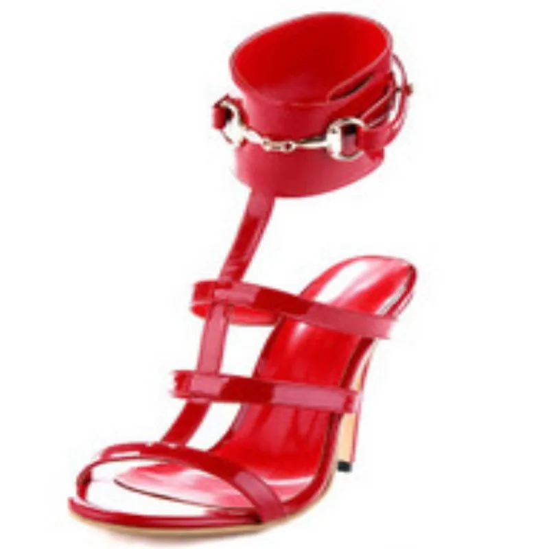 SHOFOO/обувь; красивая мода; ; кожаная ткань; украшение в виде золотой цепочки; босоножки на высоком каблуке 11 см; женские босоножки - Цвет: Красный