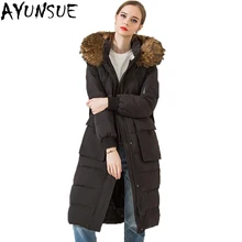 AYUNSUE 90% Женская куртка на гусином пуху зимняя теплая Толстая куртка с воротником из натурального меха енота длинное пальто с капюшоном с поясом парки LX2235
