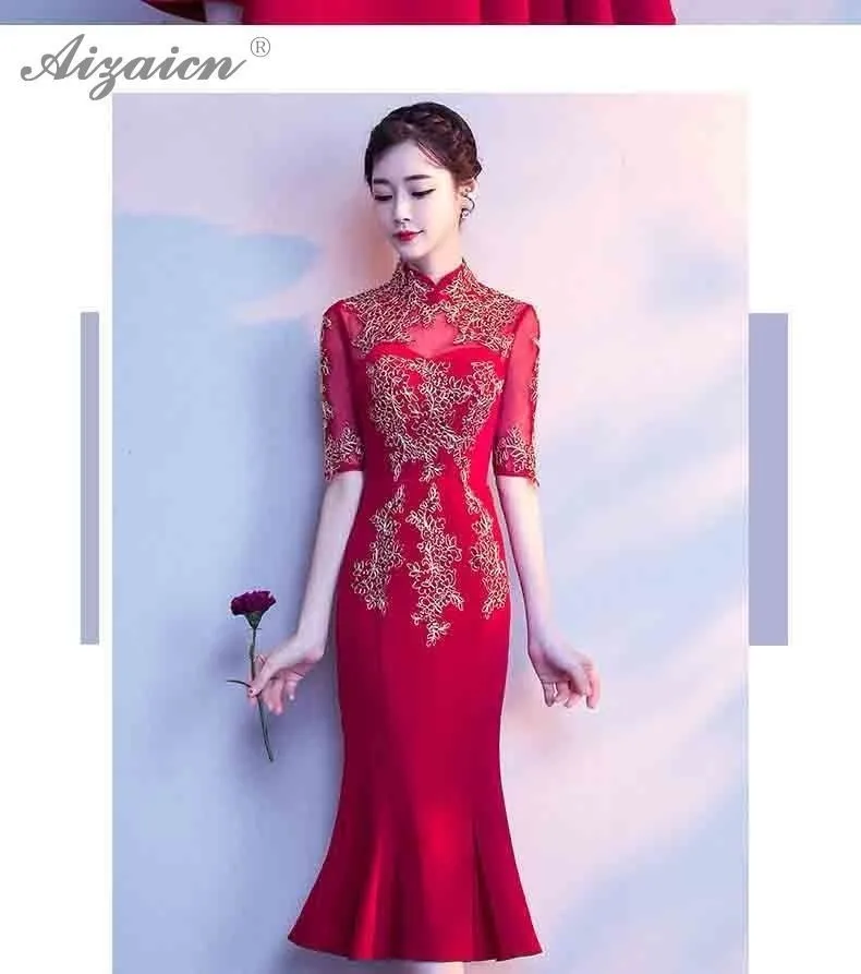 Encaje de Cheongsam larga восточные Платья de boda de las mujeres chino tradicional ropa Qipao Chinoise vestido de noche rojo