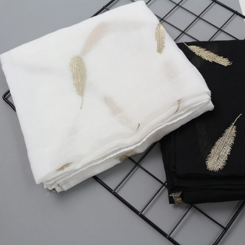 

women winter autumn soft cotton thin feel solid color embroidery long scarf white feather shawl