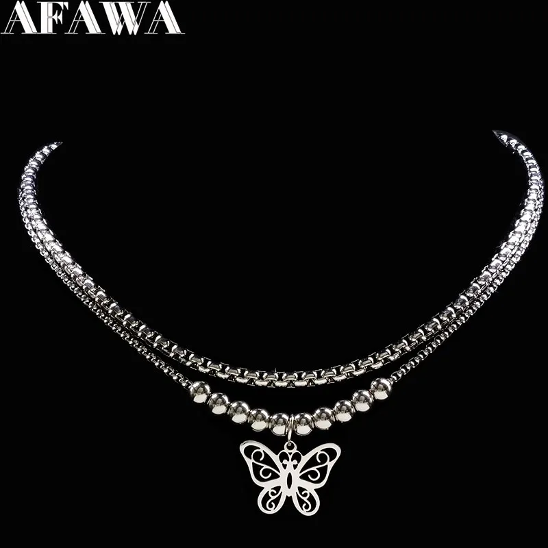 Серебряное ожерелье из нержавеющей стали с бабочкой, женское Двухслойное массивное ожерелье, ювелирное изделие, подарок, ожерелье Mujer N18056