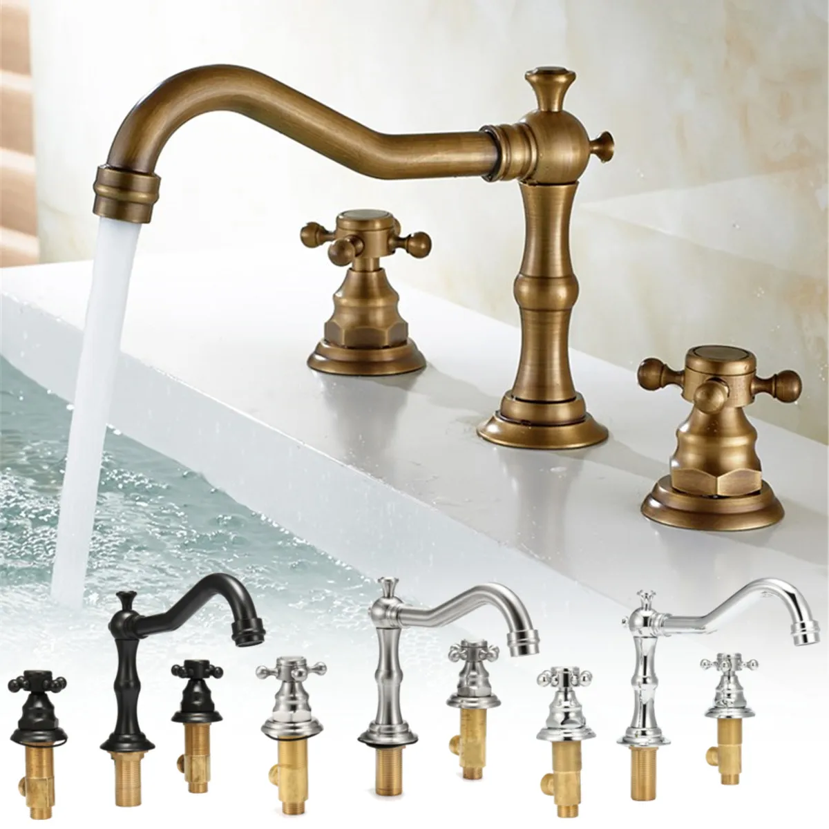 

Antique 3 Holes 2 Knob Double Handle Control Faucet Bathroom Tub Spout Basin Sink Faucets Hot Cold Bath Mixer Water Tap Hardware