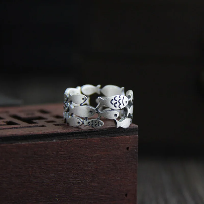 Skup Trzy rzędy Hollow pływanie ryby pierścień zwierząt gwarantowana 925 Sterling Silver Rings dla kobiet Antique matowy przetwarzania biżuterii