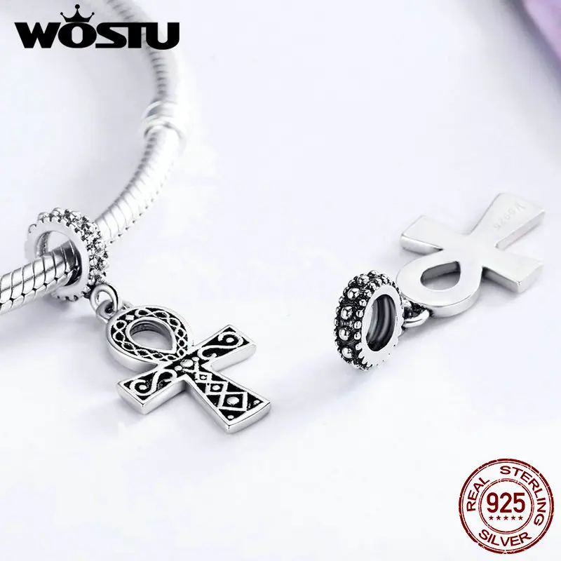 WOSTU Hot Sale 925 Sterling Silver Anka Cross Beads Dangle Fit Original WST Charm Bracelet DIY Fine Jewelry Gift FIC185