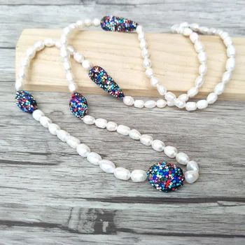

3 Strands Natural Pearl Beads Handmade Necklace,Pave multicolour Crystal Rhinestone beads Druzy Jewelry Necklace For women NK407