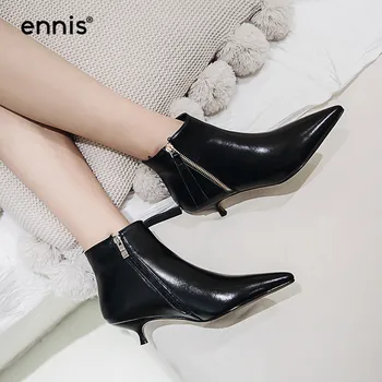 

ENNIS 2019 Autumn Winter Female Boots Pointed Toe Women Genuine Leather Ankle Boots Black White Short Boots Mid Heel Shoes A864