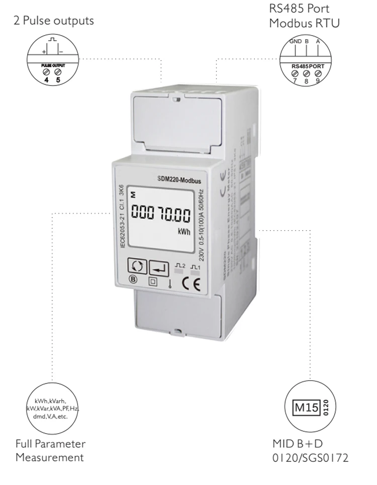 Однофазный 230V измеритель на din рейку, счетчик электроэнергии кВтч, многофункциональный счетчик энергии с выходом RS485 Modbus SDM220 MODBUS