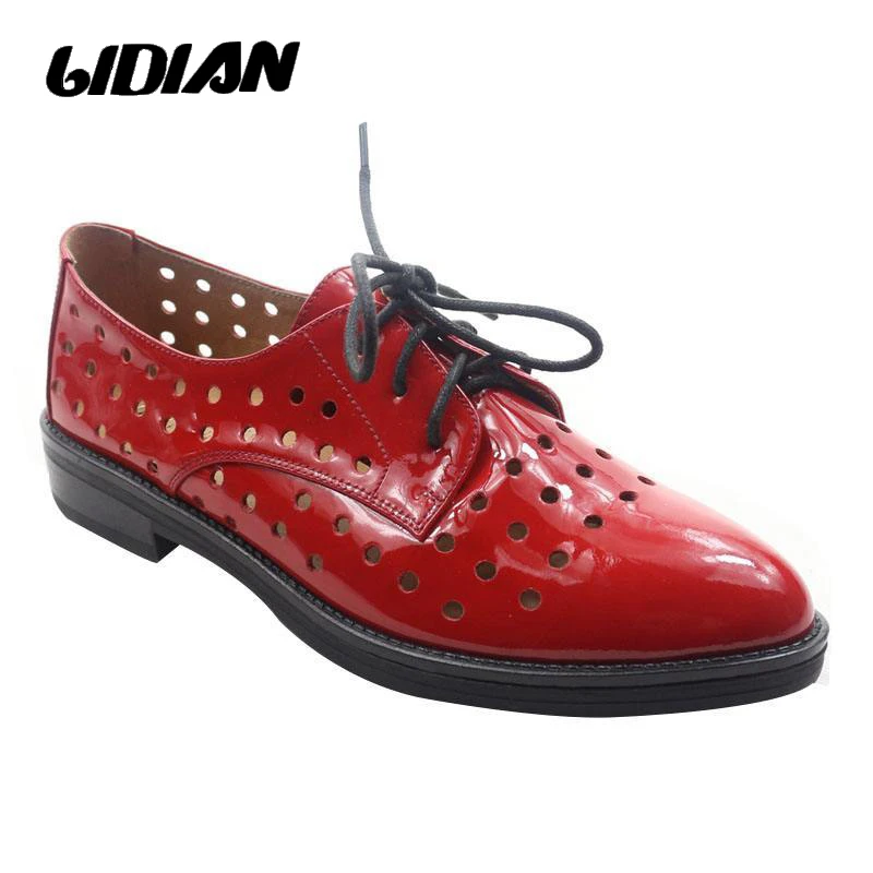 

LIDIAN Red Genuine leather flat shoes women handmade Color matching Lace Up Patent leather shoes Vintage leather shoes P5-2