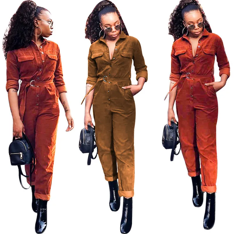 

Sexy bodysuit tracksuit rompers womens jumpsuit long sleeve straight pants slim sashes corduroy solid overalls combinaison femme