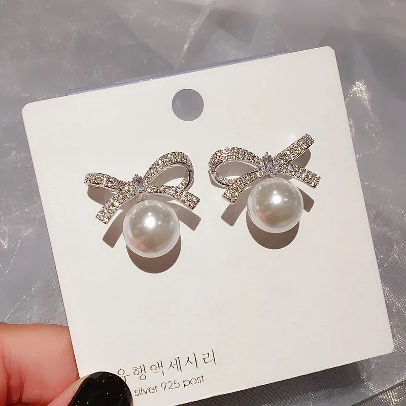 Изысканные серьги-гвоздики с бантом, микро украшенное кубическими камнями, циркониевые серьги с имитацией жемчуга, Модные женские ювелирные изделия