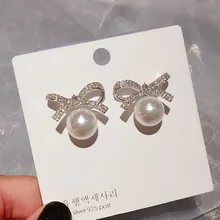 Изысканные серьги-гвоздики с бантом, микро украшенное кубическими камнями, циркониевые серьги с имитацией жемчуга, Модные женские ювелирные изделия
