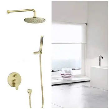 

Brushed Gold 10-inch Rainfall Showerhead 2-way Mixer Kit with Handheld Round Shower System Bathroom sets