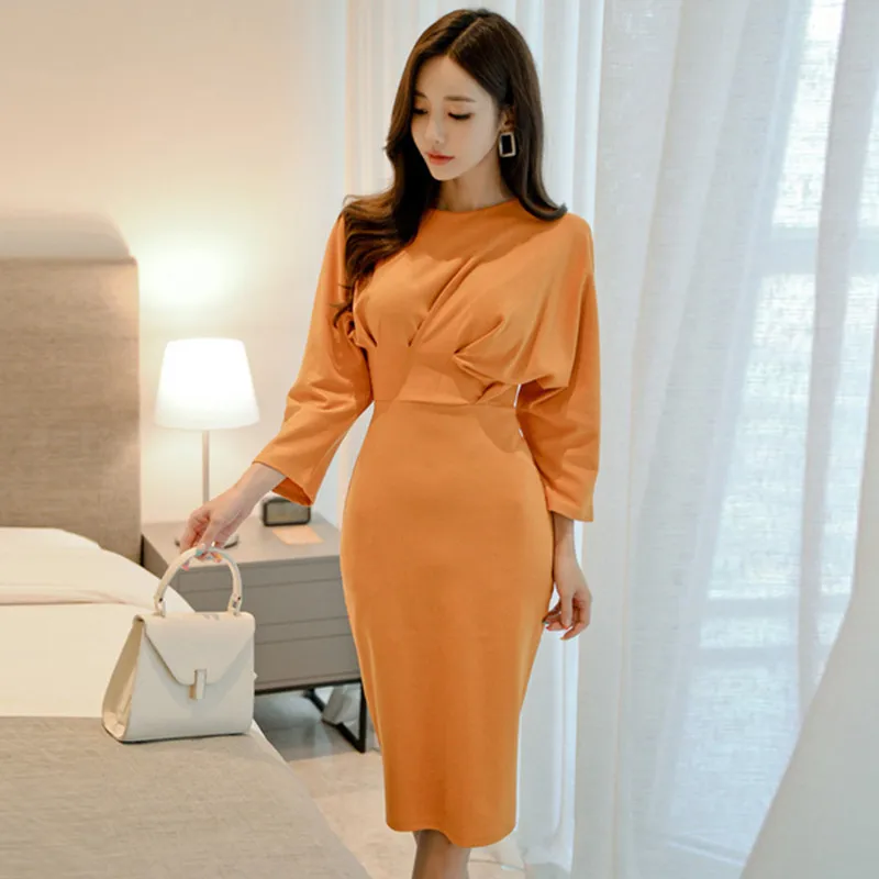 

Debowa 2018 New Spring Autumn Women Dress Korean Style Office Lady Dress Elegant High Waist Wrinkle Long Dress Package Hip