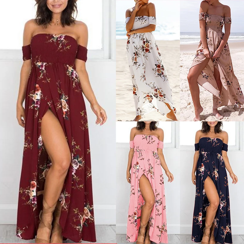 

2019 New Women Sexy Side Split Summer Dress Boho Off Shoulder Vintage Print Maxi Dress Women Beach Dress