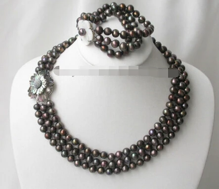 

-hot 07689 3strands black FW pearl necklace bracelet set She new